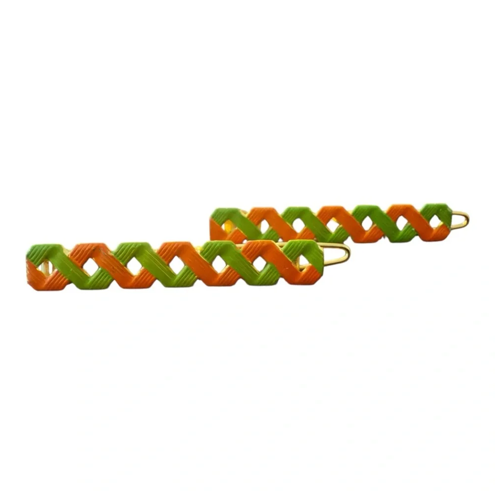 Vintage 70’s Retro French Hair Clips‎ Green & Orange , Unworn